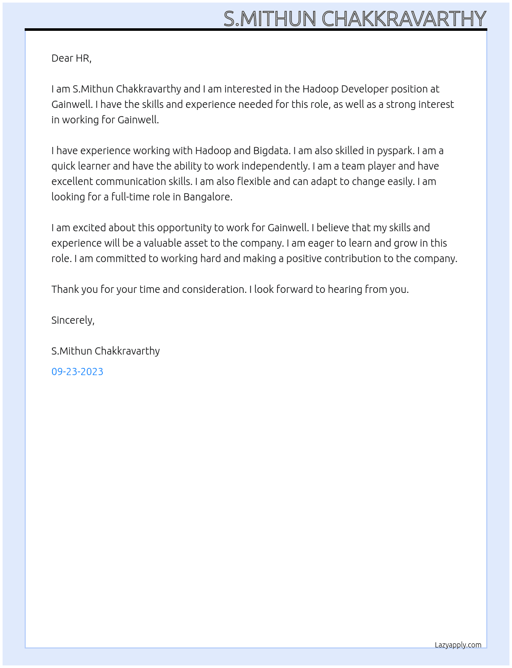 Hadoop Developer  At Gainwell Cover Letter