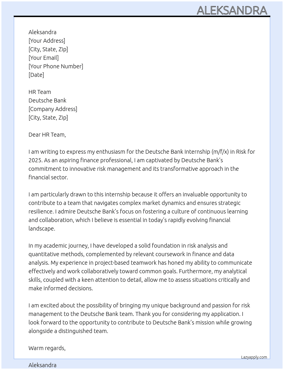 Deutsche Bank Internship (m/f/x) in Risk 2025 At Deutsche Bank Cover Letter