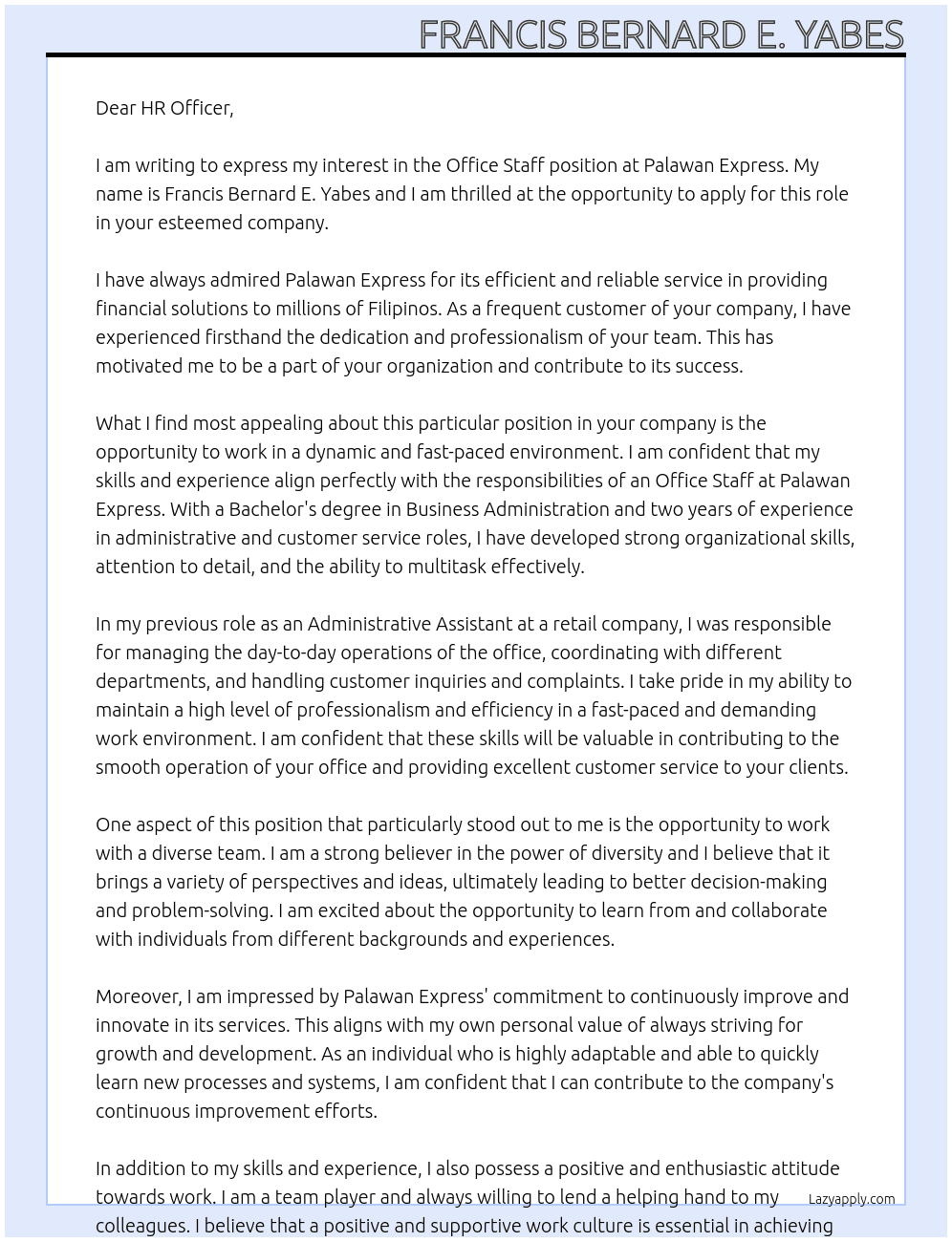 Office Staff At Palawan Express Cover Letter