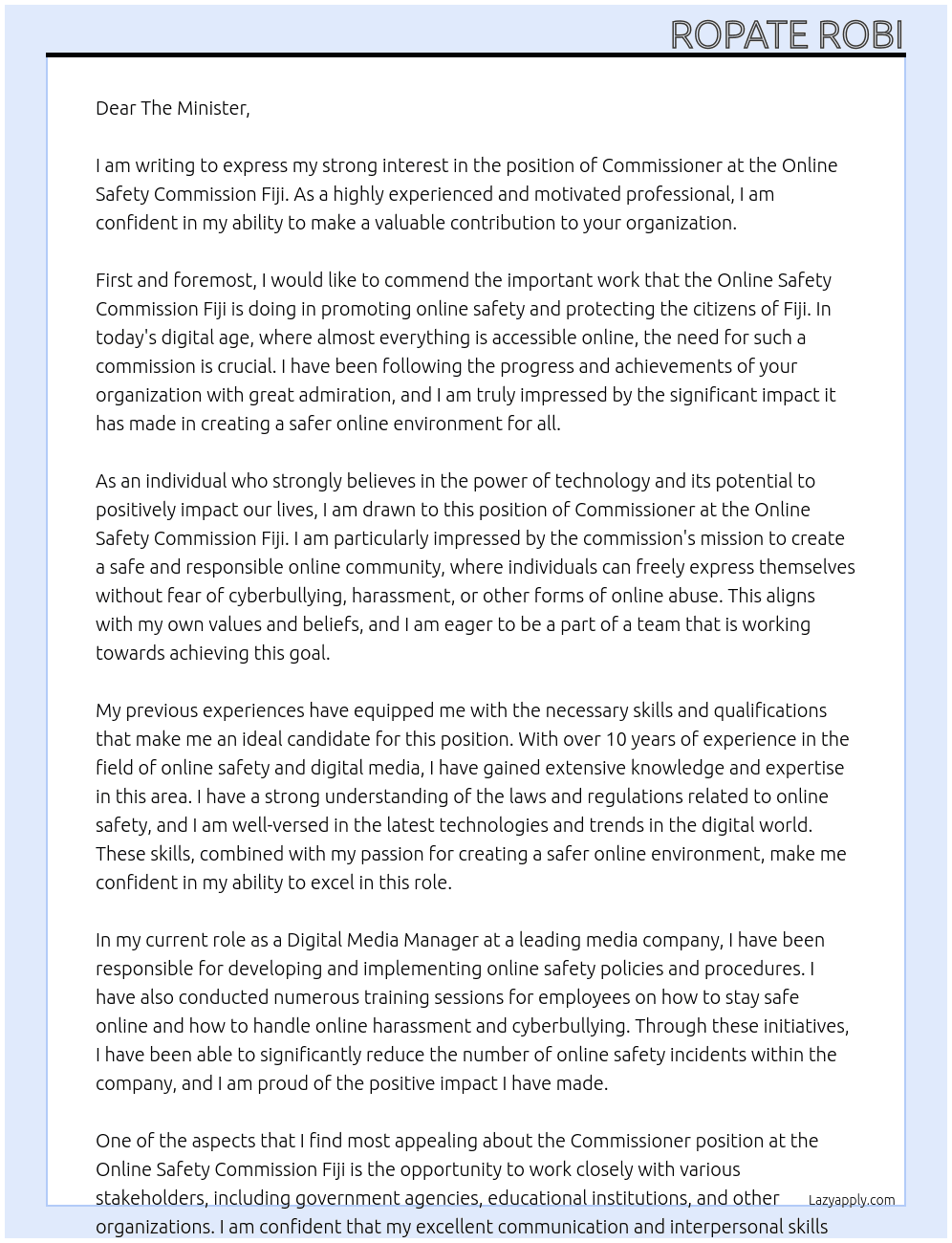 Commissioner At Online Safety Commission Fiji Cover Letter