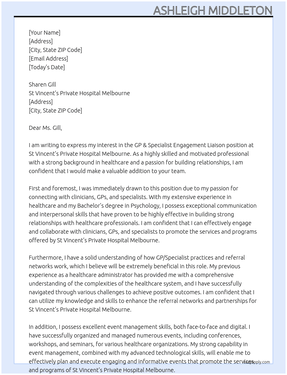 GP & Specialist Engagement Liaison At St Vincent’s Private Hospital Melbourne Cover Letter