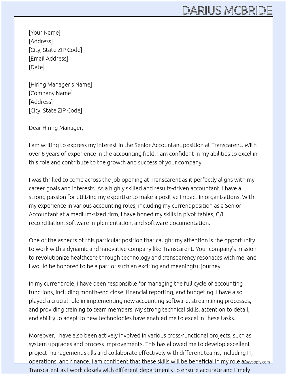 Senior Accountant At Transcarent Cover Letter
