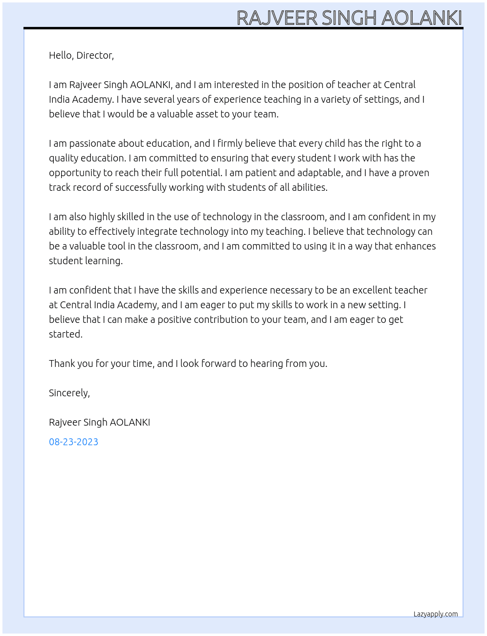 teacher  At central india academy Cover Letter