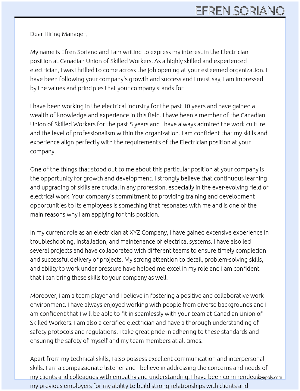 Electrician At Canadian Union of Skilled Workers Cover Letter