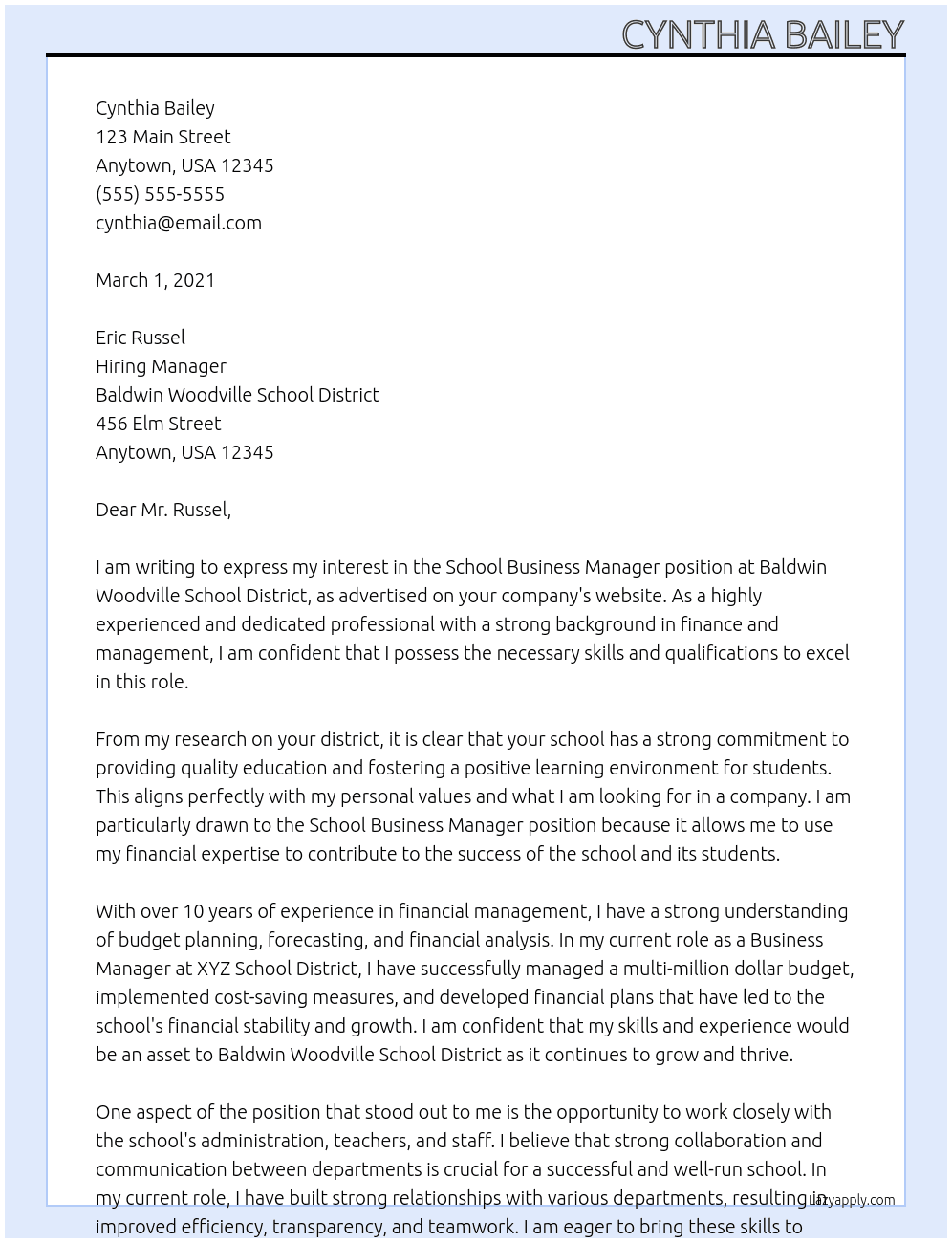 school business manager At Baldwin Woodville School District Cover Letter