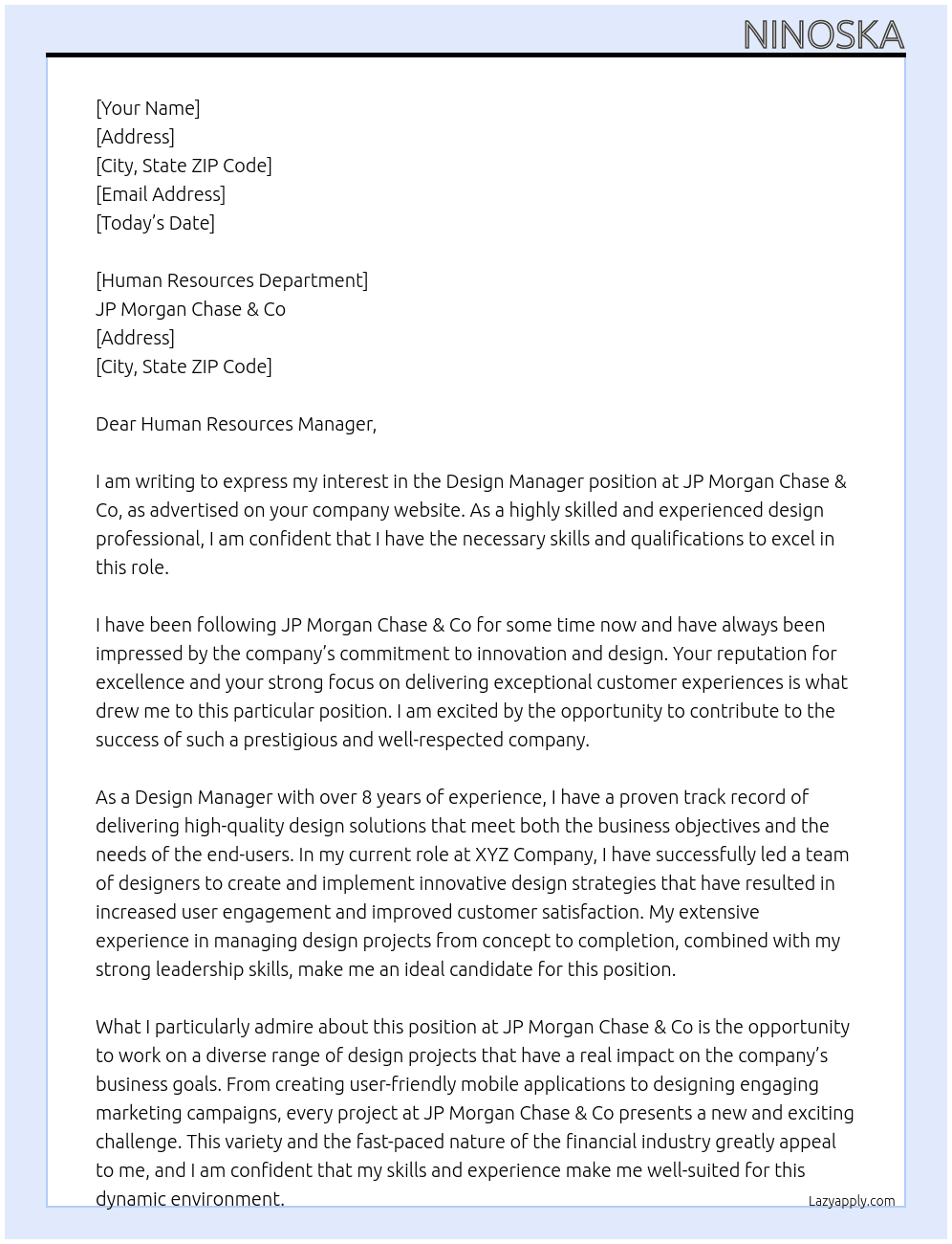 design manager At jp morgan chase & co Cover Letter