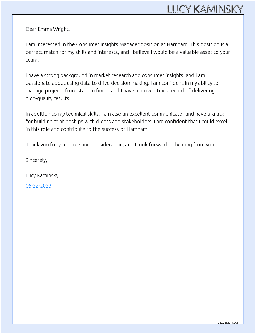 Consumer Insights Manager At Harnham Cover Letter