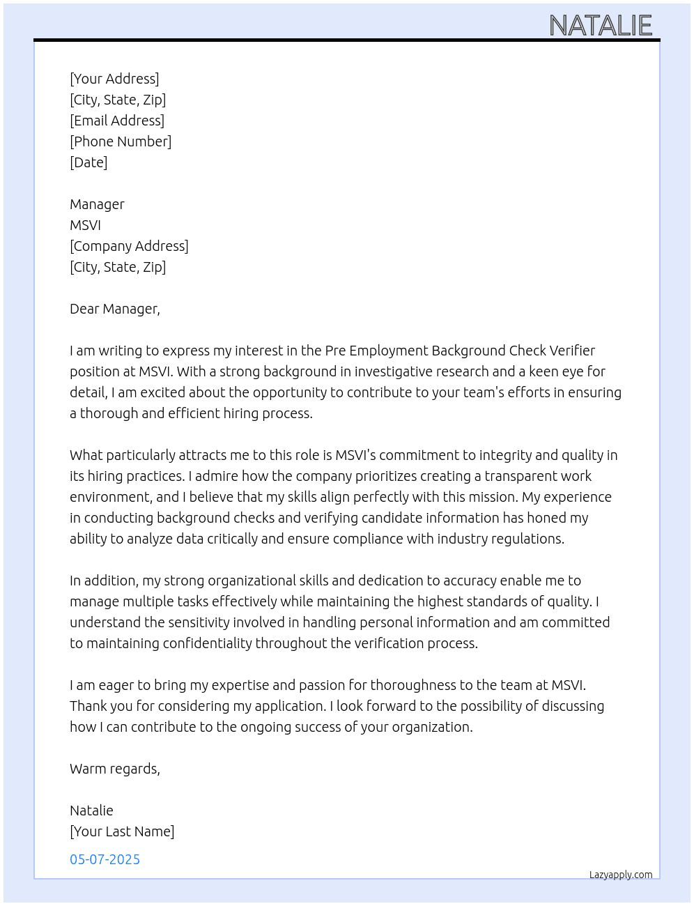 Pre Employment Background Check Verifier  At MSVI Cover Letter