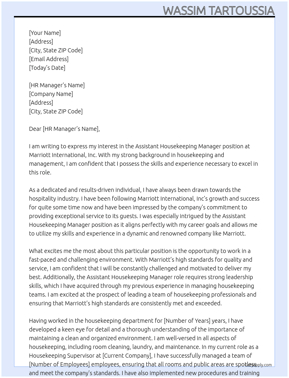 Assistant Housekeeping Manager At Marriott International, Inc Cover Letter