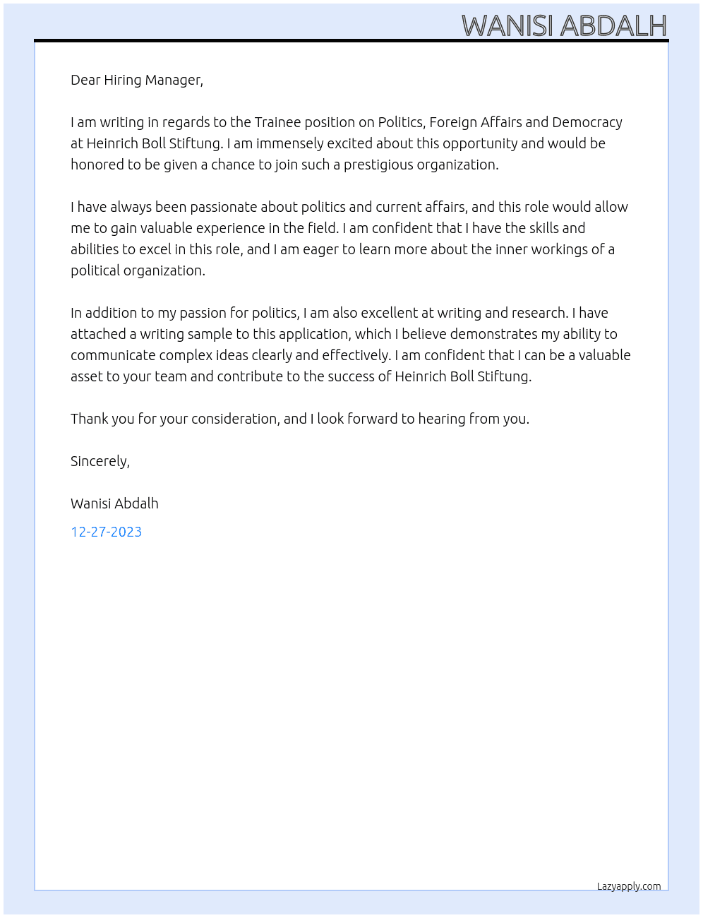 Trainee on Politics, Foreign Affairs and Democracy At Heinrich boll stiftung Cover Letter