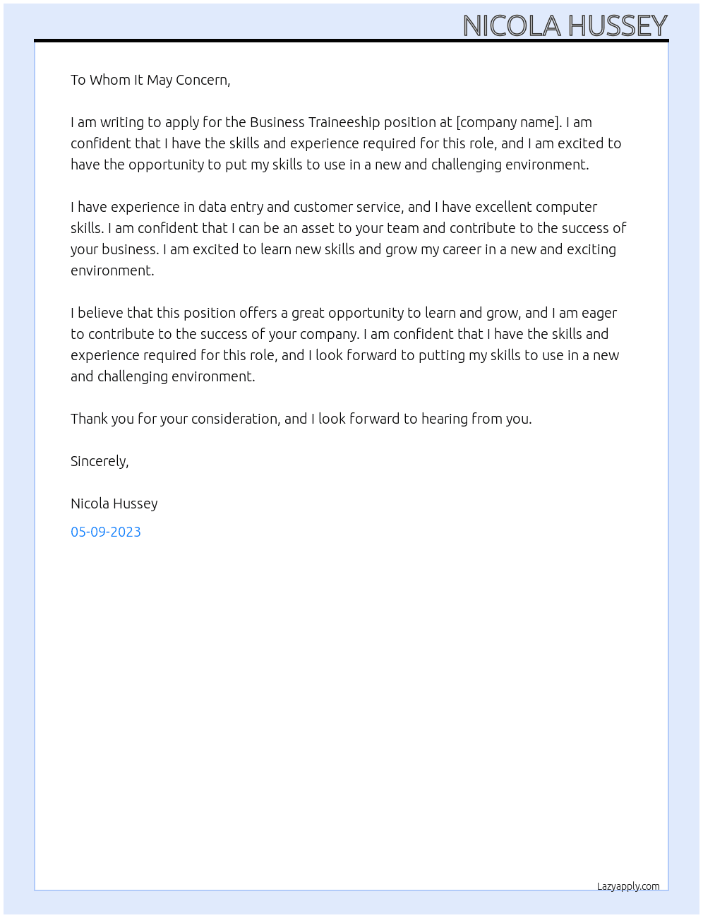 Business Traineeship At . Cover Letter