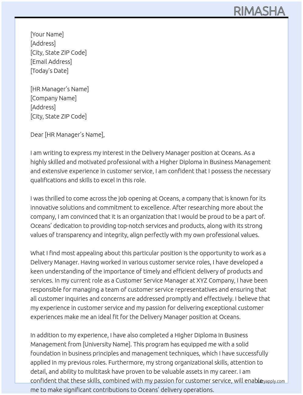 Delivery Manager At Oceans Cover Letter