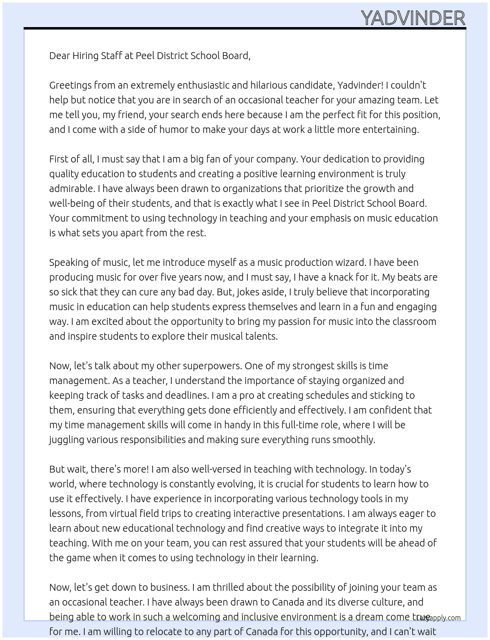 Occasional teacher At peel district school board Cover Letter