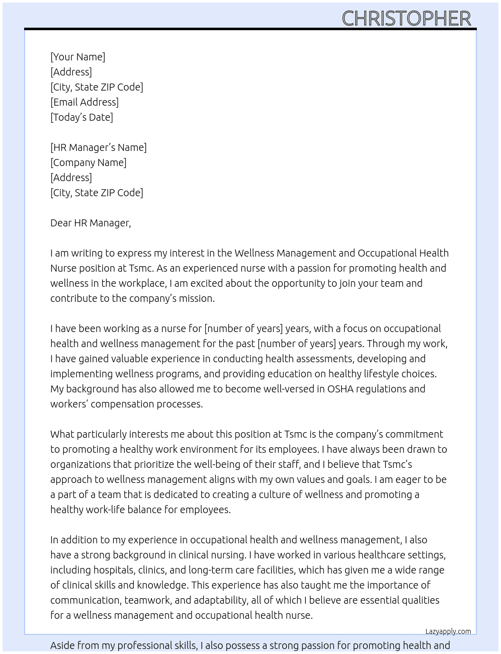 Wellness management and occupational health Nirse At Tsmc Cover Letter