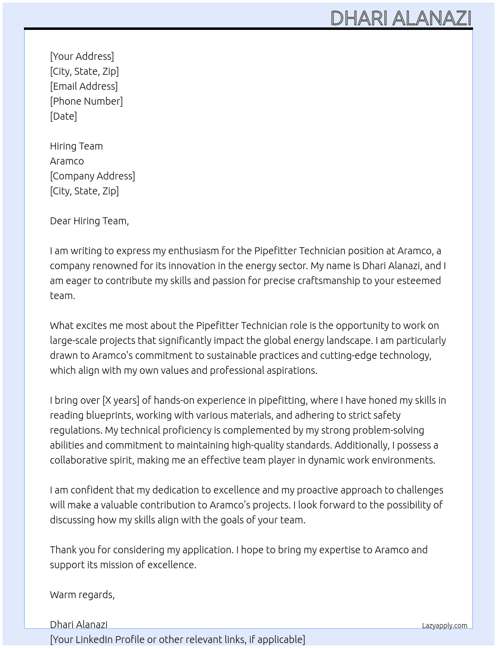 Pipefitter Technique  At Aramco Cover Letter