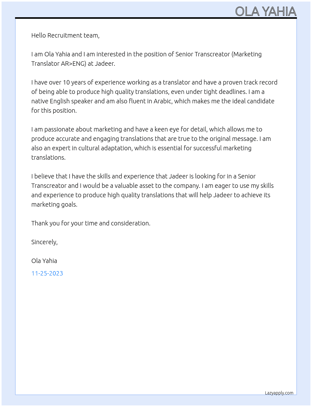 Senior Transcreator (Marketing Translator AR>ENG) At Jadeer Cover Letter