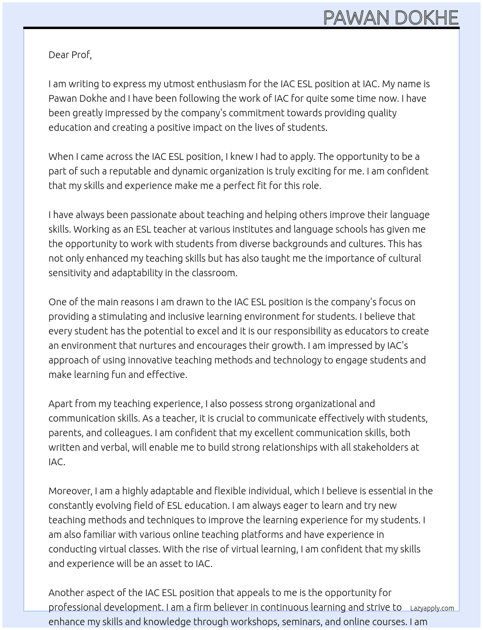 IAC ESL At IAC Cover Letter