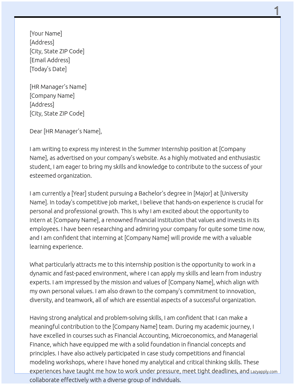 Summer internship At bank Cover Letter