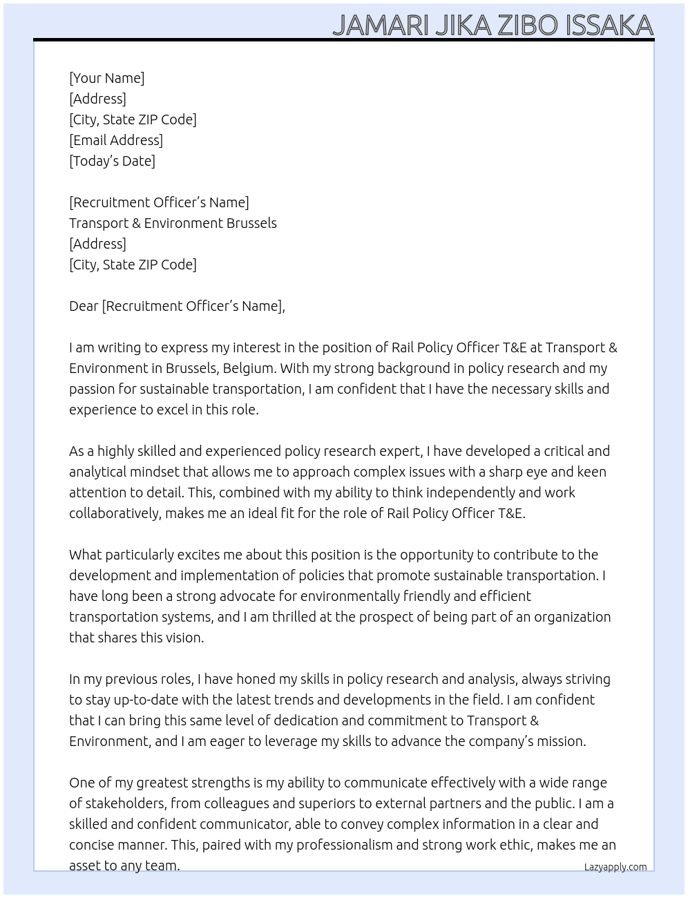 Rail Policy Officer T&E - Transport & Environment At ransport & Environment Brussels, Belgium Cover Letter
