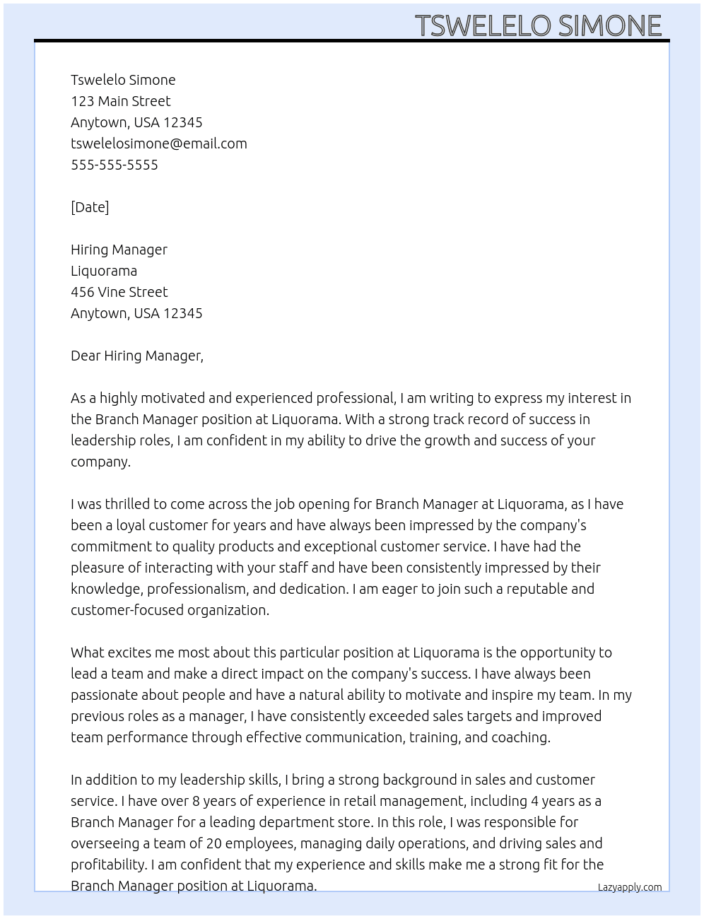 Branch manager  At Liquorama  Cover Letter