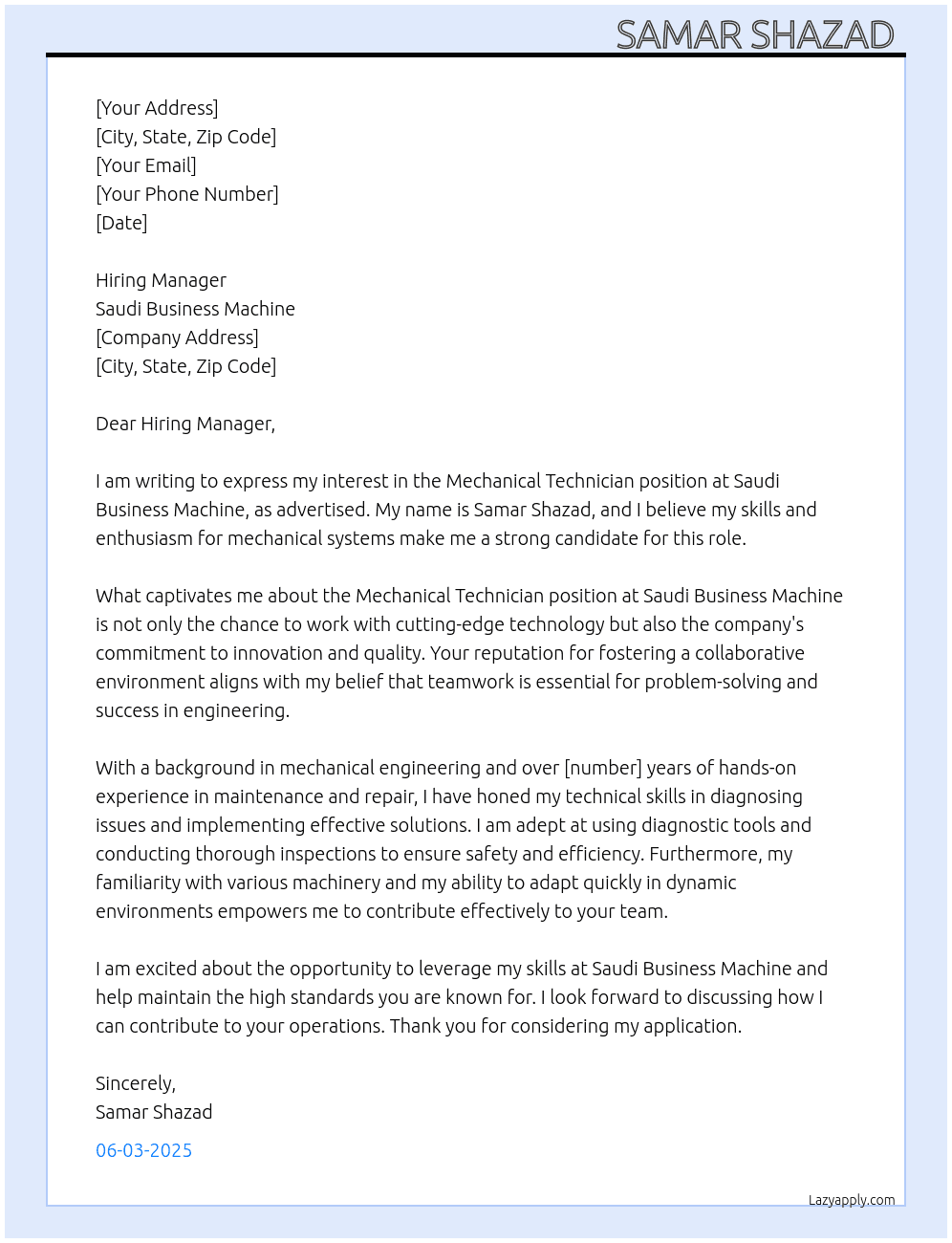 Mechanical Technician At Saudi Business Machine Cover Letter