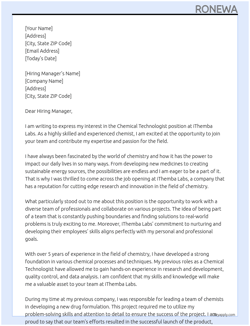 Chemical Technologist At iThemba Labs Cover Letter