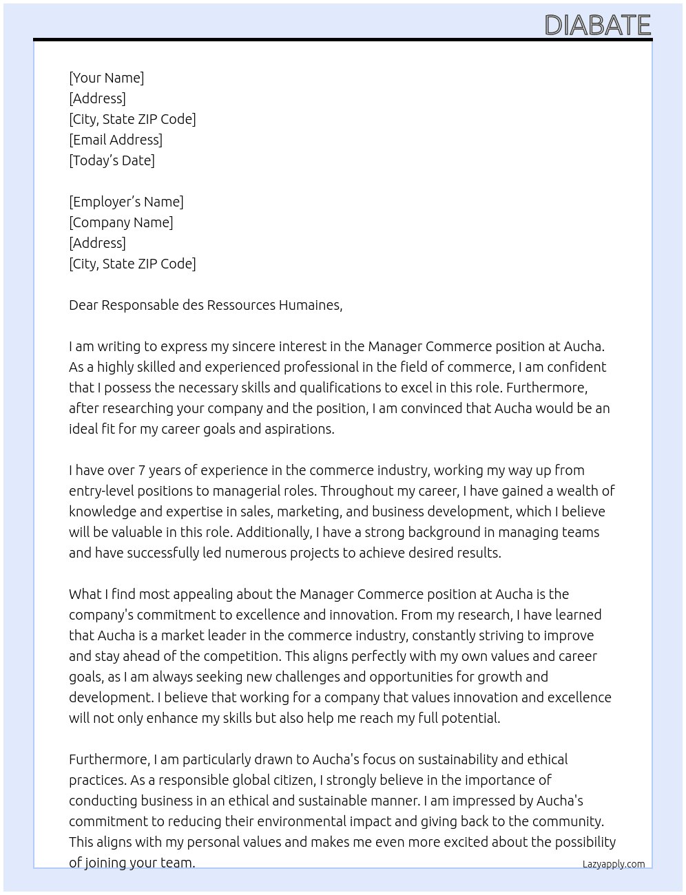 manager commerce At Aucha Cover Letter