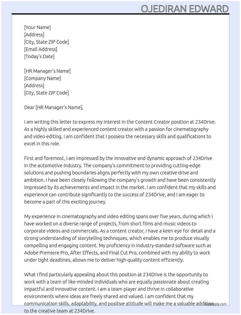 Content Creator At 234Drive Cover Letter