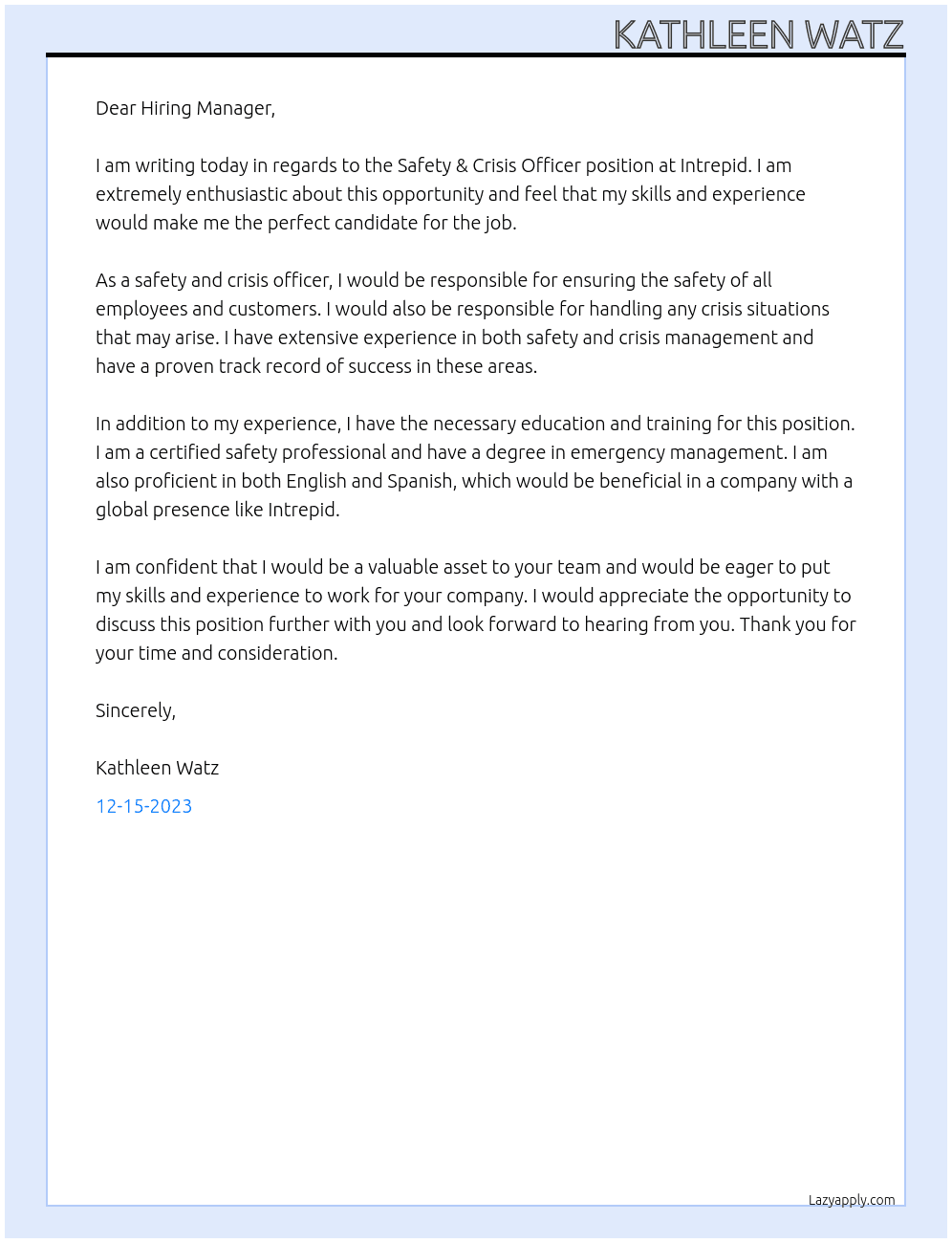 Safety & Crisis Officer At Intrepid Cover Letter