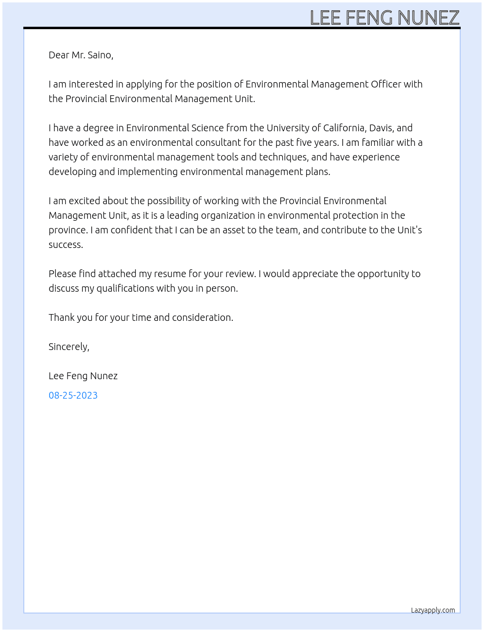 Environmental Management Officer At Provincial Environmental Management Unit Cover Letter