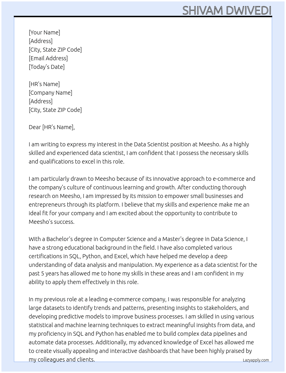 data scientist At meesho Cover Letter