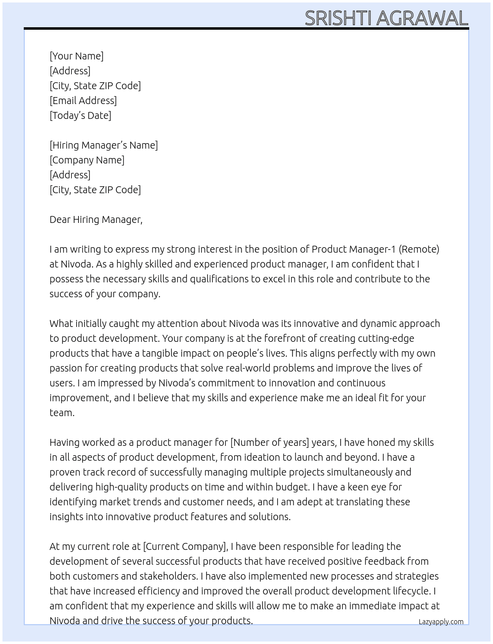Product Manager-1 (Remote) At Nivoda Cover Letter