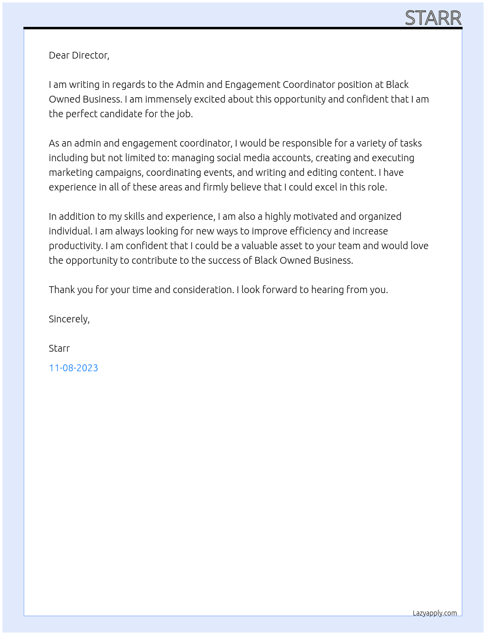 Admin and Engagement Coordinator At Black Owned Business Cover Letter