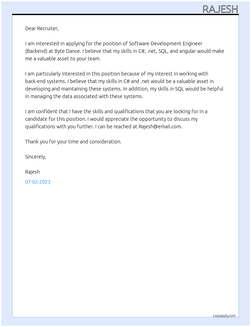 Software Development Engineer (Backend) At Byte dance  Cover Letter