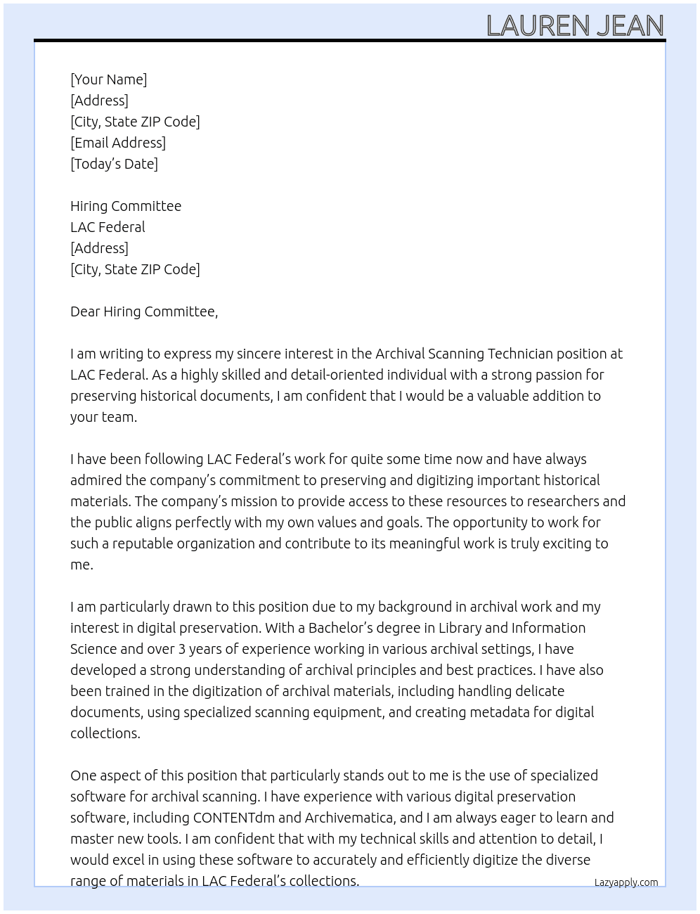 Archival Scanning Technician At LAC Federal Cover Letter