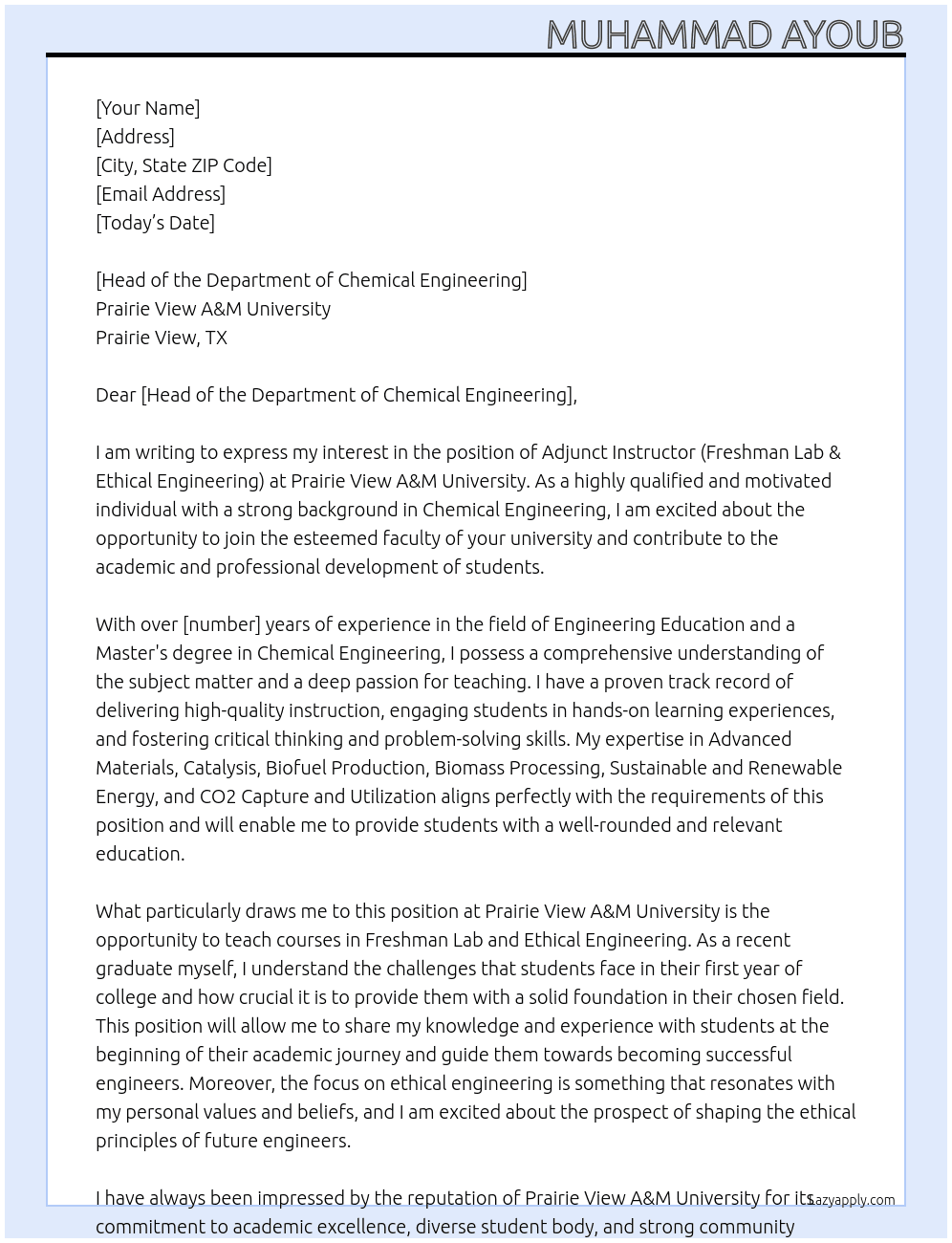 Adjunct Instructor (Freshman Lab & Ethical Engineering) At Prairie View A&M University in Prairie View, TX Cover Letter