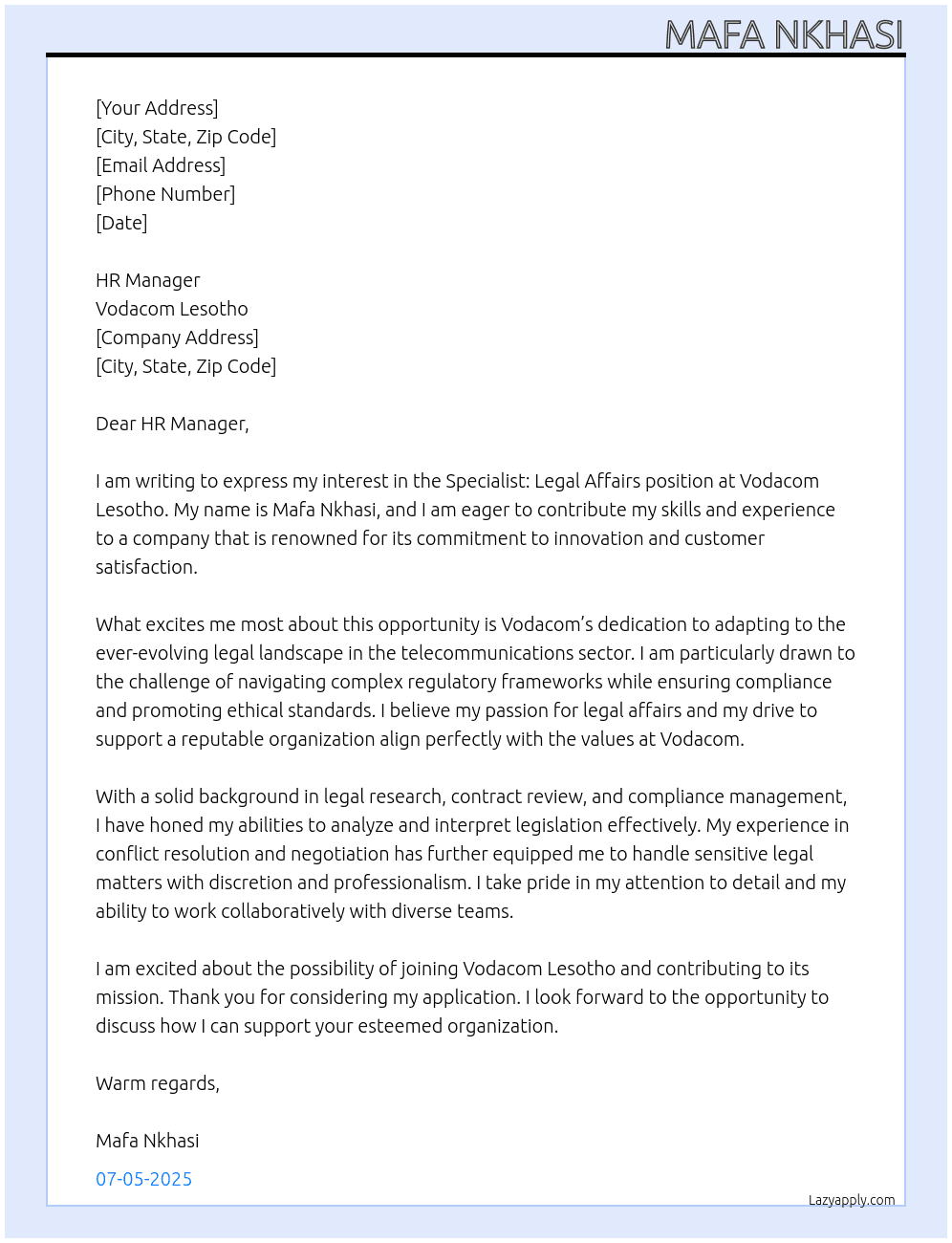 Specialist: Legal Affairs At Vodacom Lesotho Cover Letter