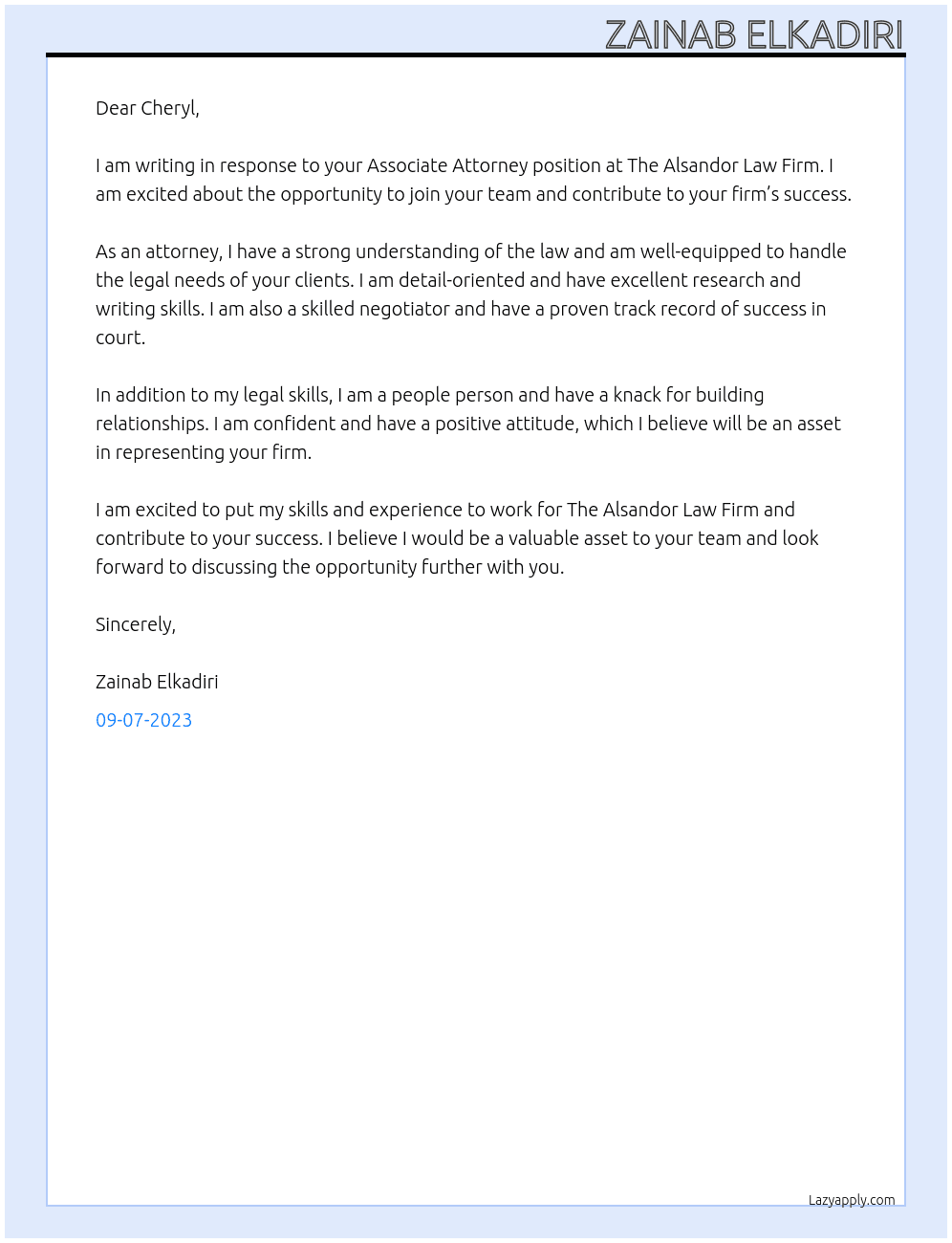 Associate Attorney At The Alsandor Law Firm Cover Letter