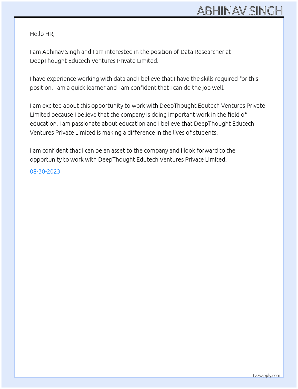  Data Researcher At DeepThought Edutech Ventures Private Limited Cover Letter