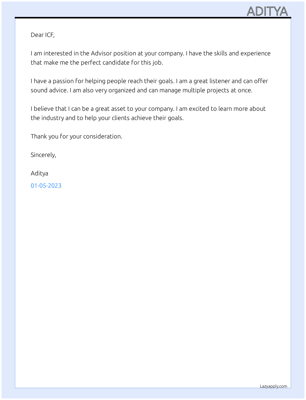 Advisor At ICF Cover Letter