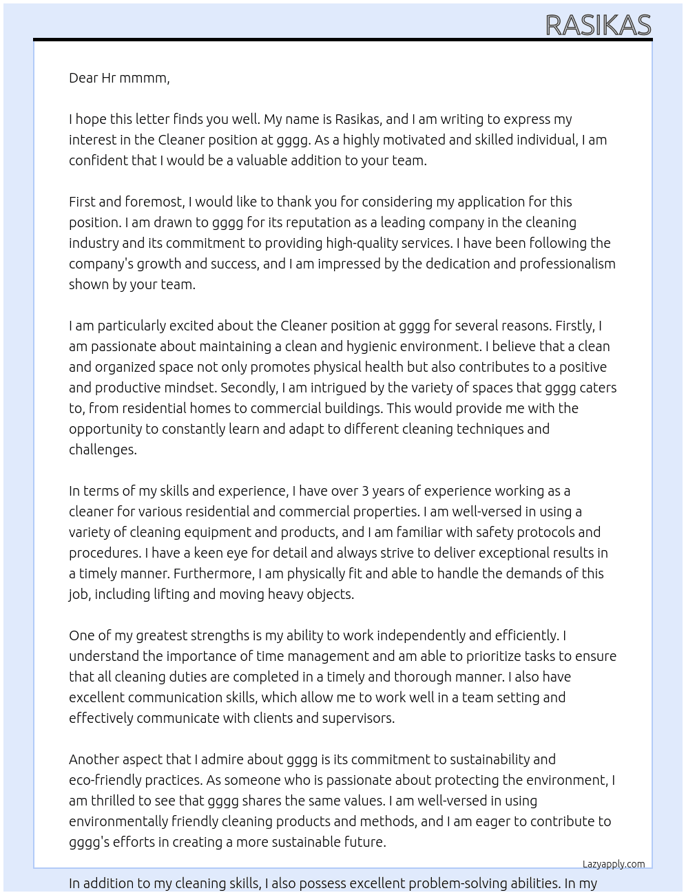 Cleaner  At gggg Cover Letter