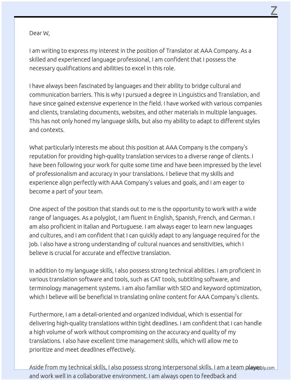translaror At aaa compony Cover Letter