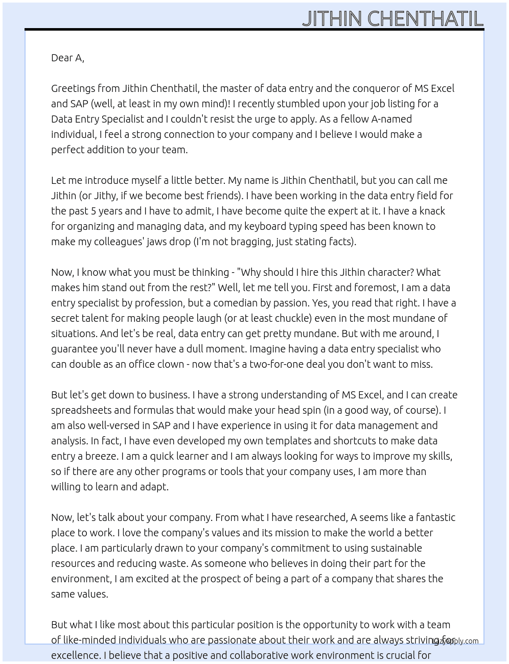 Cover letter for daya entry specialist - LazyApply