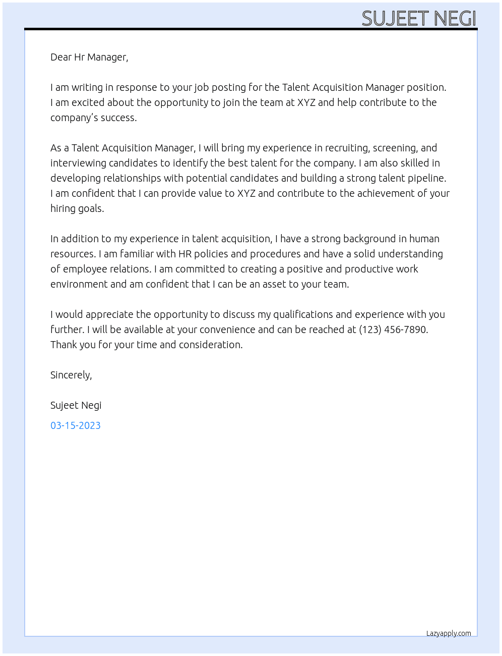 Talent Acquisition Manager At XYZ Cover Letter