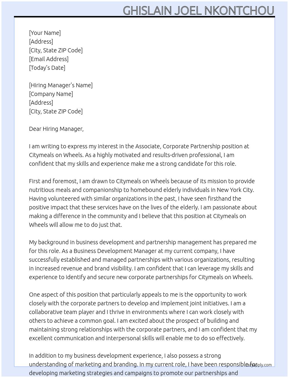 Associate, Corporate Partnership  At Citymeals on Wheels Cover Letter