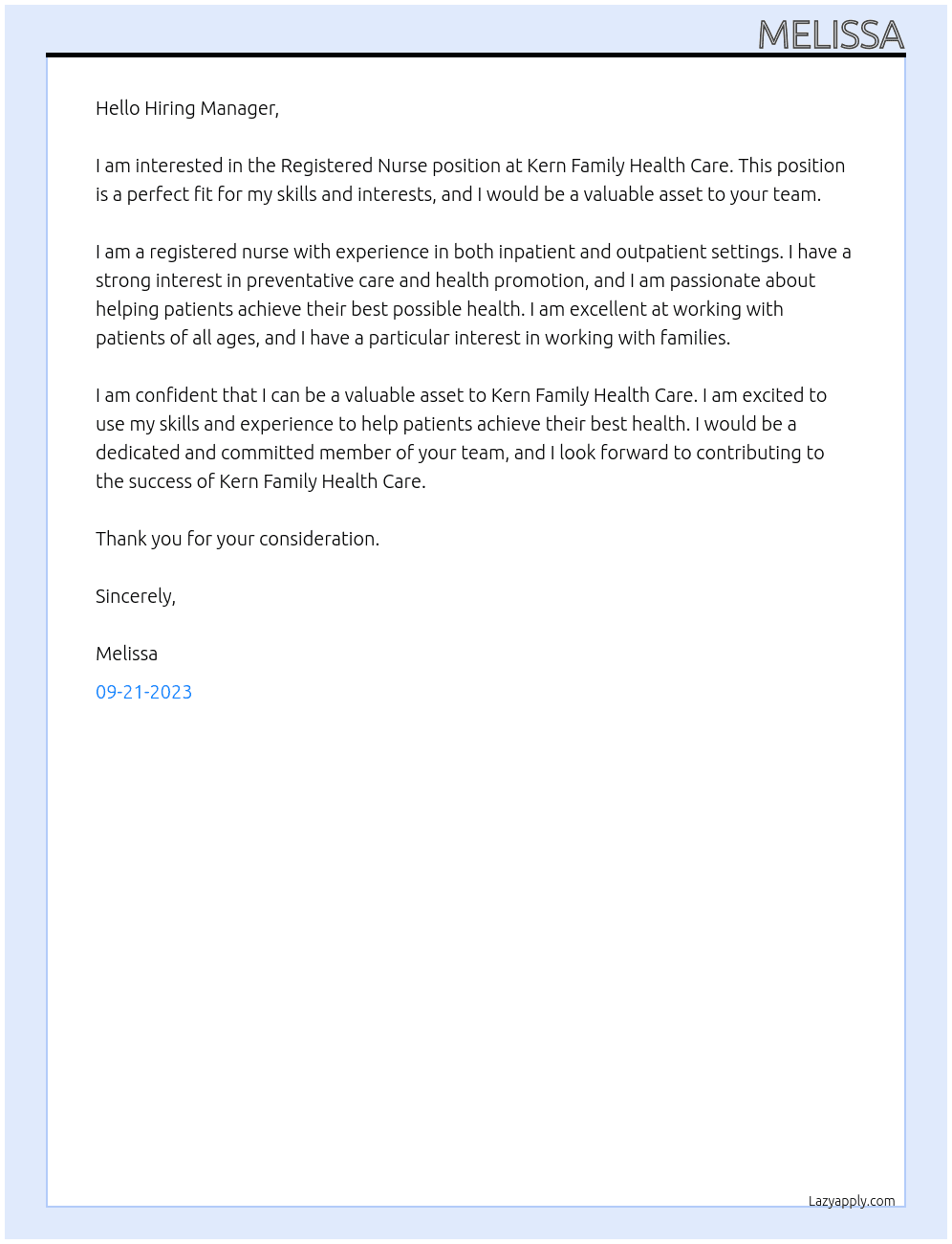 Registered Name  At Kern Family Health Care  Cover Letter