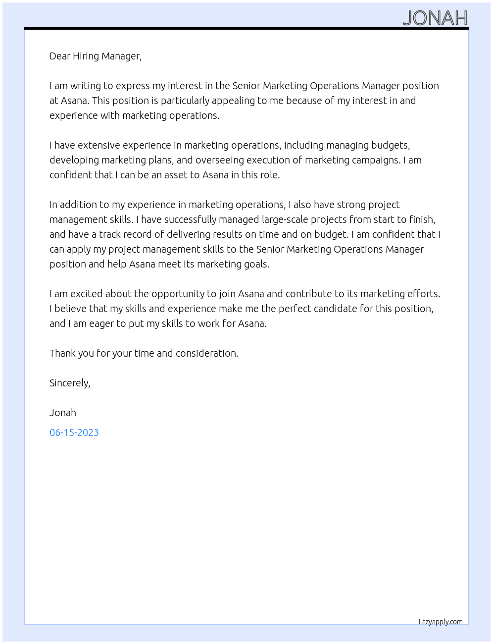 Senior Marketing Operations Manager At Asana Cover Letter