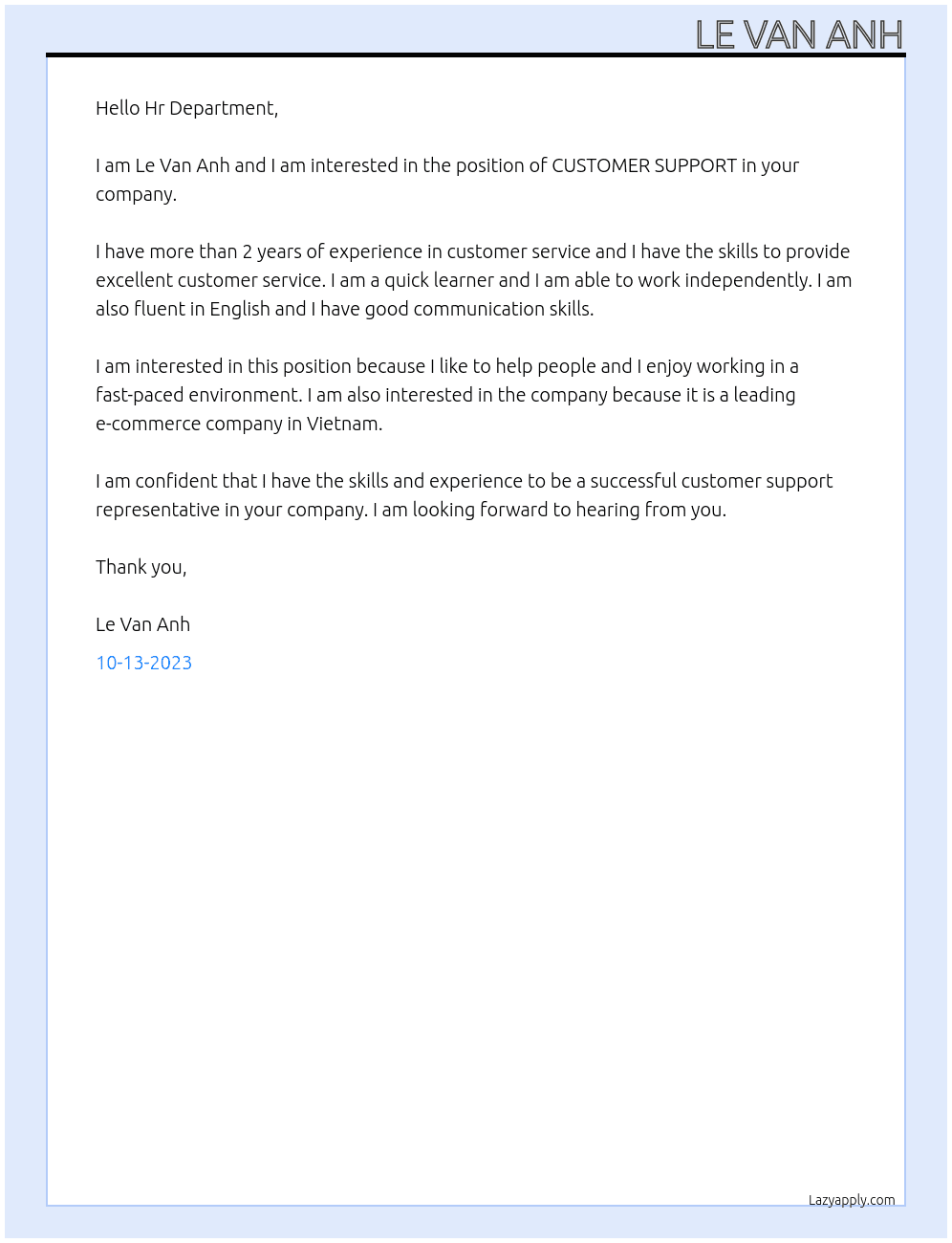 CUSTOMER SUPPORT  At Ant Commerce Cover Letter