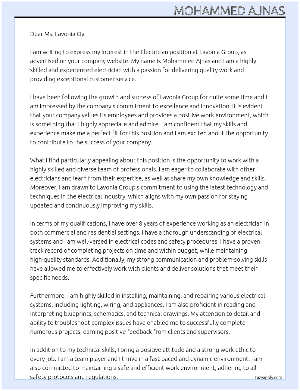 Electrician At Lavonia Group Cover Letter
