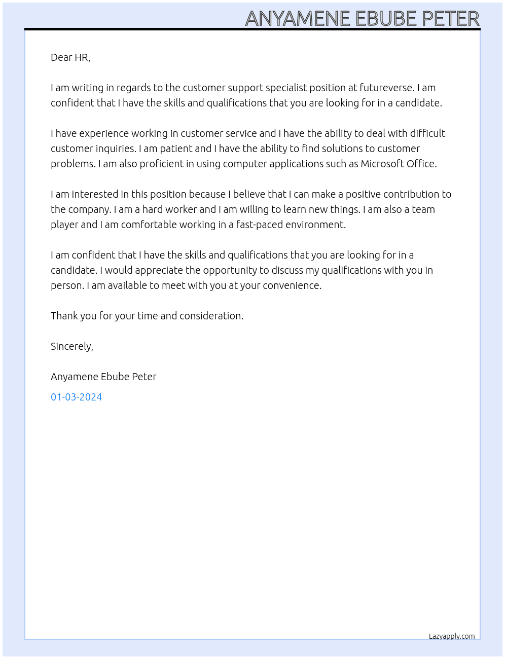 customer support specialist At futureverse Cover Letter